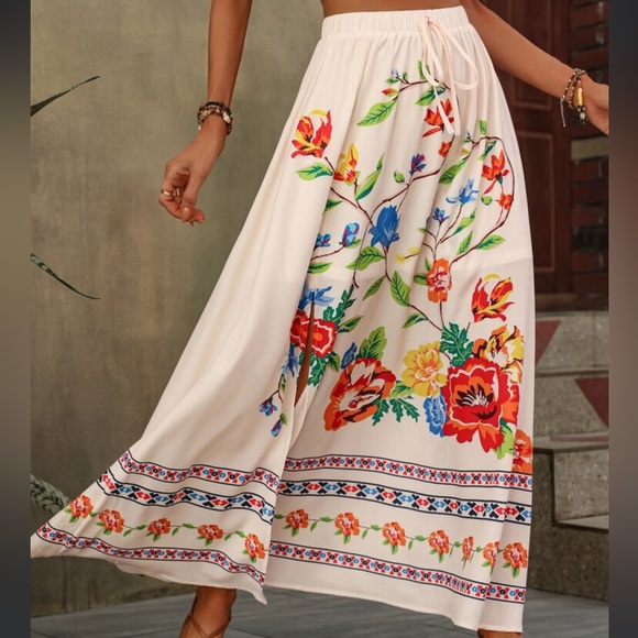Boho Floral Print High Waist Slit Maxi Skirt - Picture 2 of 6